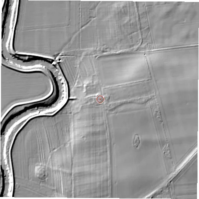 Shaded relief map of the ground around YO612QU, computed from Environment Agency LiDAR. The ground here sits at about 17 m above sea level and falls 10 m across the surrounding 800 m. Surface water reaching this point runs off ground lying to the east-north-east, 1.0 m higher.