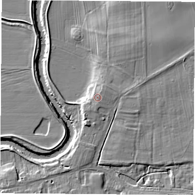 Shaded relief map of the ground around YO612QX, computed from Environment Agency LiDAR. The ground here sits at about 17 m above sea level and falls 9 m across the surrounding 800 m. The ground contributing surface water to this point lies to the north-east.