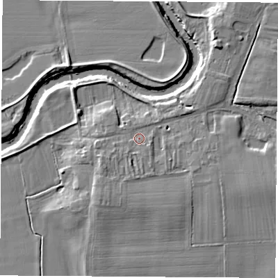 Shaded relief map of the ground around YO612QY, computed from Environment Agency LiDAR. The ground here sits at about 15 m above sea level and falls 9 m across the surrounding 800 m. Surface water reaching this point runs off ground lying to the west-south-west, 1.8 m higher.