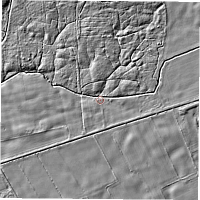 Shaded relief map of the ground around YO612SE, computed from Environment Agency LiDAR. The ground here sits at about 18 m above sea level and falls 6 m across the surrounding 800 m. Surface water reaching this point runs off ground lying to the north, 4.4 m higher.