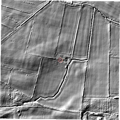 Shaded relief map of the ground around YO613ER, computed from Environment Agency LiDAR. The ground here sits at about 27 m above sea level and falls 8 m across the surrounding 800 m. Surface water reaching this point runs off ground lying to the west, 2.0 m higher.