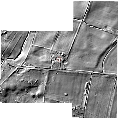 Shaded relief map of the ground around YO613ES, computed from Environment Agency LiDAR. The ground here sits at about 29 m above sea level and falls 8 m across the surrounding 800 m. Surface water reaching this point runs off ground lying to the north-east, 2.5 m higher.