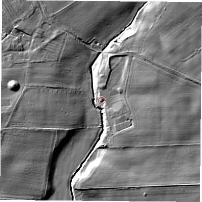 Shaded relief map of the ground around YO613LB, computed from Environment Agency LiDAR. The ground here sits at about 22 m above sea level and falls 10 m across the surrounding 800 m. Surface water reaching this point runs off ground lying to the north-east, 8.8 m higher.