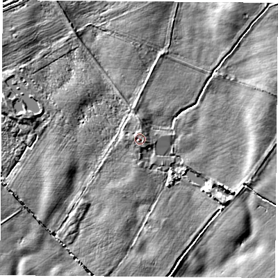 Shaded relief map of the ground around YO613LS, computed from Environment Agency LiDAR. The ground here sits at about 20 m above sea level and falls 6 m across the surrounding 800 m. Surface water reaching this point runs off ground lying to the north, 0.7 m higher.