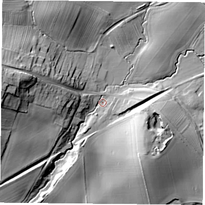 Shaded relief map of the ground around YO614AA, computed from Environment Agency LiDAR. The ground here sits at about 62 m above sea level and falls 34 m across the surrounding 800 m. Surface water reaching this point runs off ground lying to the west-north-west, 27.1 m higher.