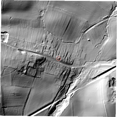 Shaded relief map of the ground around YO614AD, computed from Environment Agency LiDAR. The ground here sits at about 76 m above sea level and falls 39 m across the surrounding 800 m. Surface water reaching this point runs off ground lying to the west, 16.4 m higher.