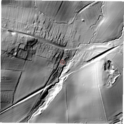 Shaded relief map of the ground around YO614AE, computed from Environment Agency LiDAR. The ground here sits at about 64 m above sea level and falls 38 m across the surrounding 800 m. Surface water reaching this point runs off ground lying to the north-west, 17.8 m higher.