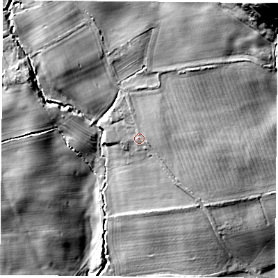 Shaded relief map of the ground around YO614AF, computed from Environment Agency LiDAR. The ground here sits at about 81 m above sea level and falls 34 m across the surrounding 800 m. Surface water reaching this point runs off ground lying to the north-east, 2.9 m higher.