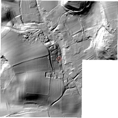 Shaded relief map of the ground around YO614AG, computed from Environment Agency LiDAR. The ground here sits at about 91 m above sea level and falls 64 m across the surrounding 800 m. Surface water reaching this point runs off ground lying to the north-north-east, 38.9 m higher.