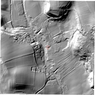 Shaded relief map of the ground around YO614AH, computed from Environment Agency LiDAR. The ground here sits at about 93 m above sea level and falls 76 m across the surrounding 800 m. Surface water reaching this point runs off ground lying to the east-north-east, 4.1 m higher.