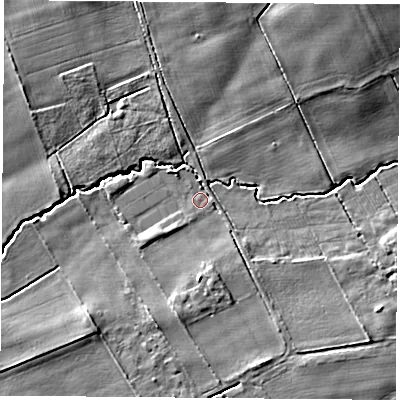 Shaded relief map of the ground around YO614AZ, computed from Environment Agency LiDAR. The ground here sits at about 30 m above sea level and falls 13 m across the surrounding 800 m. Surface water reaching this point runs off ground lying to the north-east, 10.4 m higher.