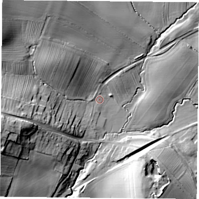 Shaded relief map of the ground around YO614BB, computed from Environment Agency LiDAR. The ground here sits at about 64 m above sea level and falls 30 m across the surrounding 800 m. Surface water reaching this point runs off ground lying to the north, 7.4 m higher.