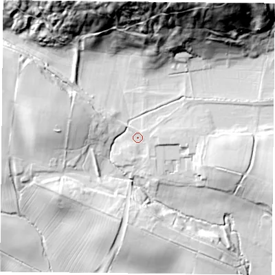 Shaded relief map of the ground around YO614BD, computed from Environment Agency LiDAR. The ground here sits at about 86 m above sea level and falls 72 m across the surrounding 800 m. Surface water reaching this point runs off ground lying to the east, 2.3 m higher.