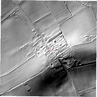 Shaded relief map of the ground around YO614NN, computed from Environment Agency LiDAR. The ground here sits at about 47 m above sea level and falls 27 m across the surrounding 800 m. Surface water reaching this point runs off ground lying to the east, 13.1 m higher.