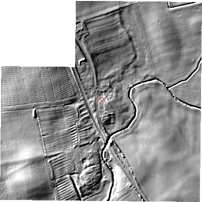 Shaded relief map of the ground around YO614NW, computed from Environment Agency LiDAR. The ground here sits at about 36 m above sea level and falls 8 m across the surrounding 800 m. Surface water reaching this point runs off ground lying to the south-east, 0.9 m higher.