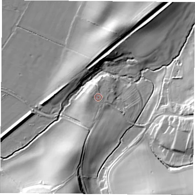 Shaded relief map of the ground around YO614PW, computed from Environment Agency LiDAR. The ground here sits at about 47 m above sea level and falls 34 m across the surrounding 800 m. Surface water reaching this point runs off ground lying to the west, 0.8 m higher.