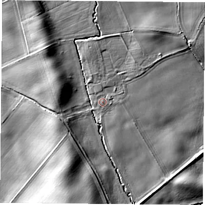 Shaded relief map of the ground around YO614QF, computed from Environment Agency LiDAR. The ground here sits at about 48 m above sea level and falls 22 m across the surrounding 800 m. Surface water reaching this point runs off ground lying to the north-east, 2.4 m higher.