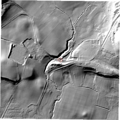Shaded relief map of the ground around YO614RP, computed from Environment Agency LiDAR. The ground here sits at about 81 m above sea level and falls 50 m across the surrounding 800 m. Surface water reaching this point runs off ground lying to the east-north-east, 34.6 m higher.