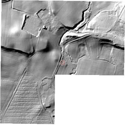 Shaded relief map of the ground around YO614RS, computed from Environment Agency LiDAR. The ground here sits at about 76 m above sea level and falls 32 m across the surrounding 800 m. Surface water reaching this point runs off ground lying to the north-west, 4.3 m higher.