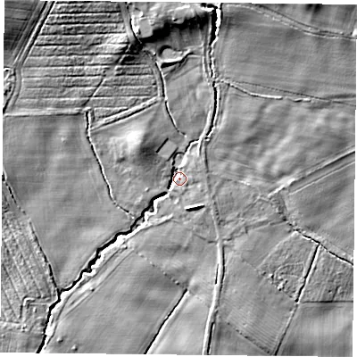 Shaded relief map of the ground around YO614RT, computed from Environment Agency LiDAR. The ground here sits at about 62 m above sea level and falls 19 m across the surrounding 800 m. Surface water reaching this point runs off ground lying to the north, 11.0 m higher.