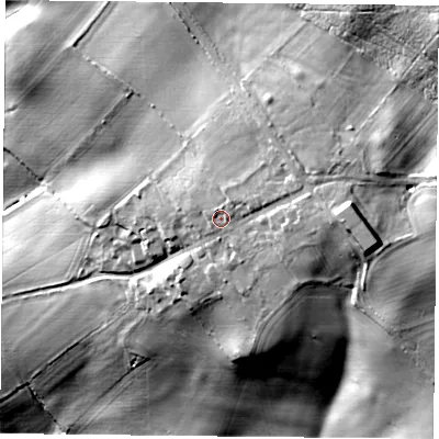 Shaded relief map of the ground around YO614SL, computed from Environment Agency LiDAR. The ground here sits at about 172 m above sea level and falls 35 m across the surrounding 800 m. Surface water reaching this point runs off ground lying to the north-north-east, 1.3 m higher.