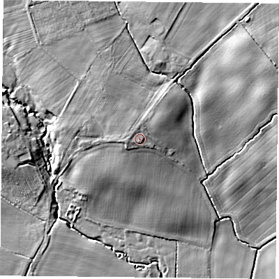 Shaded relief map of the ground around YO614TT, computed from Environment Agency LiDAR. The ground here sits at about 61 m above sea level and falls 18 m across the surrounding 800 m. Surface water reaching this point runs off ground lying to the north-west, 1.5 m higher.