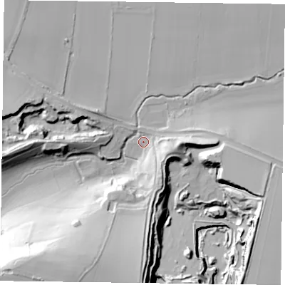 Shaded relief map of the ground around YO624AS, computed from Environment Agency LiDAR. The ground here sits at about 34 m above sea level and falls 61 m across the surrounding 800 m. Surface water reaching this point runs off ground lying to the south-west, 54.0 m higher.