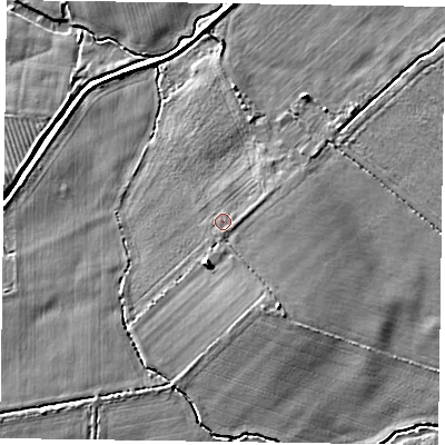 Shaded relief map of the ground around YO624AX, computed from Environment Agency LiDAR. The ground here sits at about 26 m above sea level and falls 6 m across the surrounding 800 m. Surface water reaching this point runs off ground lying to the east, 0.6 m higher.