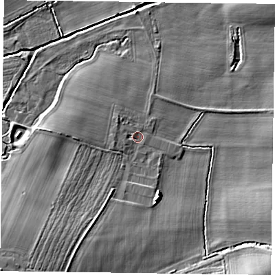 Shaded relief map of the ground around YO624BA, computed from Environment Agency LiDAR. The ground here sits at about 27 m above sea level and falls 7 m across the surrounding 800 m. Surface water reaching this point runs off ground lying to the west, 1.2 m higher.