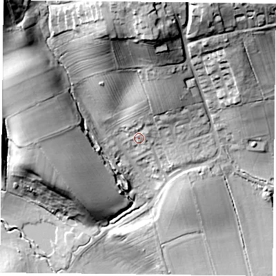 Shaded relief map of the ground around YO624BY, computed from Environment Agency LiDAR. The ground here sits at about 83 m above sea level and falls 51 m across the surrounding 800 m. Surface water reaching this point runs off ground lying to the north-north-east, 7.0 m higher.