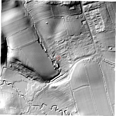 Shaded relief map of the ground around YO624DR, computed from Environment Agency LiDAR. The ground here sits at about 79 m above sea level and falls 47 m across the surrounding 800 m. Surface water reaching this point runs off ground lying to the north, 31.7 m higher.