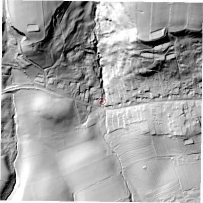 Shaded relief map of the ground around YO624DY, computed from Environment Agency LiDAR. The ground here sits at about 104 m above sea level and falls 106 m across the surrounding 800 m. Surface water reaching this point runs off ground lying to the north-west, 85.3 m higher.