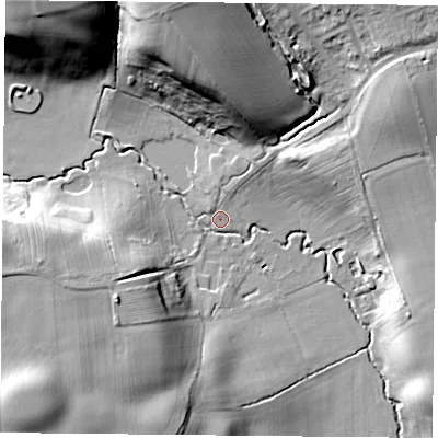 Shaded relief map of the ground around YO624EJ, computed from Environment Agency LiDAR. The ground here sits at about 65 m above sea level and falls 32 m across the surrounding 800 m. Surface water reaching this point runs off ground lying to the north-west, 29.5 m higher.