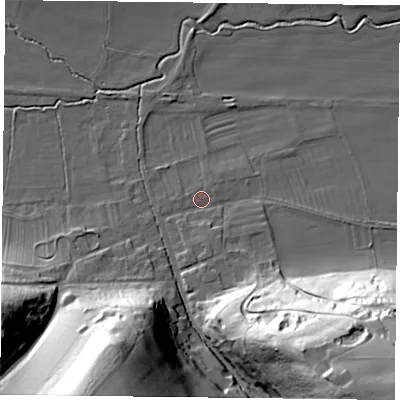 Shaded relief map of the ground around YO624JG, computed from Environment Agency LiDAR. The ground here sits at about 49 m above sea level and falls 57 m across the surrounding 800 m. Surface water reaching this point runs off ground lying to the south-south-east, 25.4 m higher.