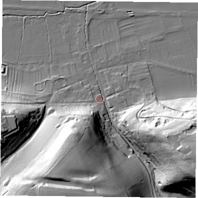 Shaded relief map of the ground around YO624JH, computed from Environment Agency LiDAR. The ground here sits at about 51 m above sea level and falls 60 m across the surrounding 800 m. Surface water reaching this point runs off ground lying to the south-south-west, 57.0 m higher.