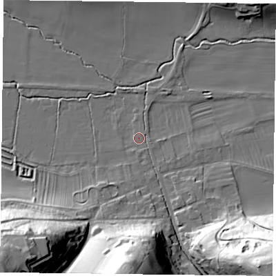 Shaded relief map of the ground around YO624JL, computed from Environment Agency LiDAR. The ground here sits at about 49 m above sea level and falls 52 m across the surrounding 800 m. Surface water reaching this point runs off ground lying to the south, 2.3 m higher.