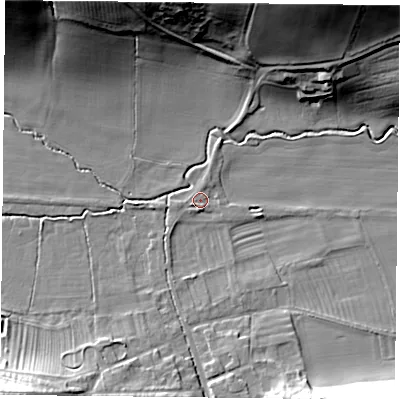 Shaded relief map of the ground around YO624JN, computed from Environment Agency LiDAR. The ground here sits at about 49 m above sea level and falls 30 m across the surrounding 800 m. Surface water reaching this point runs off ground lying to the west-south-west, 1.7 m higher.