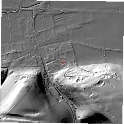 Shaded relief map of the ground around YO624JQ, computed from Environment Agency LiDAR. The ground here sits at about 51 m above sea level and falls 60 m across the surrounding 800 m. Surface water reaching this point runs off ground lying to the south-east, 41.7 m higher.