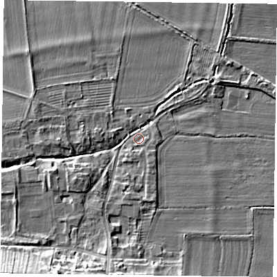 Shaded relief map of the ground around YO624JS, computed from Environment Agency LiDAR. The ground here sits at about 33 m above sea level and falls 17 m across the surrounding 800 m. Surface water reaching this point runs off ground lying to the south-west, 15.7 m higher.