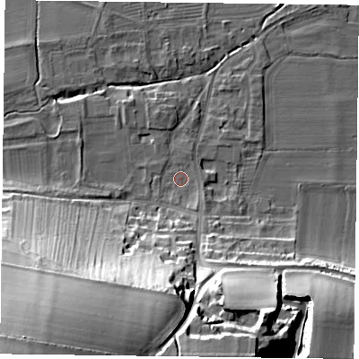Shaded relief map of the ground around YO624JU, computed from Environment Agency LiDAR. The ground here sits at about 35 m above sea level and falls 54 m across the surrounding 800 m. Surface water reaching this point runs off ground lying to the south-west, 49.9 m higher.