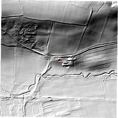Shaded relief map of the ground around YO624JW, computed from Environment Agency LiDAR. The ground here sits at about 57 m above sea level and falls 57 m across the surrounding 800 m. Surface water reaching this point runs off ground lying to the north, 43.4 m higher.