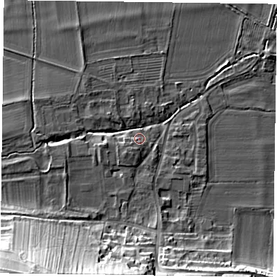 Shaded relief map of the ground around YO624JX, computed from Environment Agency LiDAR. The ground here sits at about 34 m above sea level and falls 36 m across the surrounding 800 m. Surface water reaching this point runs off ground lying to the south-west, 2.7 m higher.