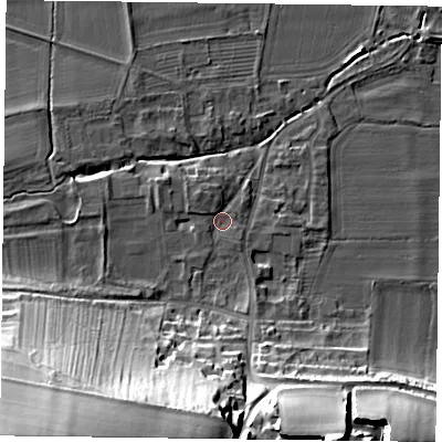 Shaded relief map of the ground around YO624JY, computed from Environment Agency LiDAR. The ground here sits at about 34 m above sea level and falls 47 m across the surrounding 800 m. Surface water reaching this point runs off ground lying to the south-west, 43.9 m higher.
