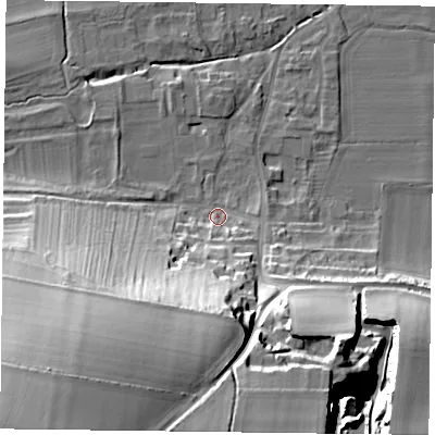 Shaded relief map of the ground around YO624JZ, computed from Environment Agency LiDAR. The ground here sits at about 36 m above sea level and falls 58 m across the surrounding 800 m. Surface water reaching this point runs off ground lying to the south-south-west, 51.3 m higher.