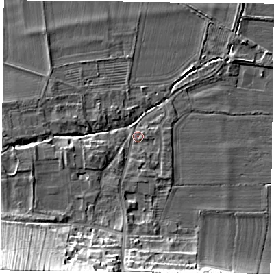 Shaded relief map of the ground around YO624LF, computed from Environment Agency LiDAR. The ground here sits at about 33 m above sea level and falls 32 m across the surrounding 800 m. Surface water reaching this point runs off ground lying to the south-west, 30.0 m higher.