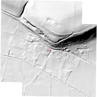 Shaded relief map of the ground around YO624LJ, computed from Environment Agency LiDAR. The ground here sits at about 43 m above sea level and falls 63 m across the surrounding 800 m. Surface water reaching this point runs off ground lying to the north-east, 53.2 m higher.