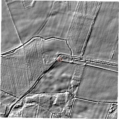 Shaded relief map of the ground around YO624LN, computed from Environment Agency LiDAR. The ground here sits at about 38 m above sea level and falls 6 m across the surrounding 800 m. Surface water reaching this point runs off ground lying to the west-north-west, 1.4 m higher.