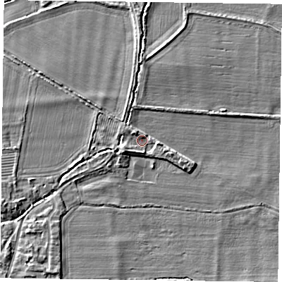 Shaded relief map of the ground around YO624LQ, computed from Environment Agency LiDAR. The ground here sits at about 32 m above sea level and falls 5 m across the surrounding 800 m. Surface water reaching this point runs off ground lying to the west-south-west, 1.9 m higher.