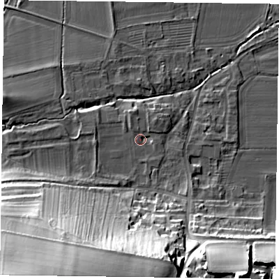 Shaded relief map of the ground around YO624LU, computed from Environment Agency LiDAR. The ground here sits at about 35 m above sea level and falls 47 m across the surrounding 800 m. Surface water reaching this point runs off ground lying to the south-west, 44.5 m higher.