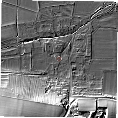 Shaded relief map of the ground around YO624LX, computed from Environment Agency LiDAR. The ground here sits at about 35 m above sea level and falls 50 m across the surrounding 800 m. Surface water reaching this point runs off ground lying to the south-west, 47.0 m higher.